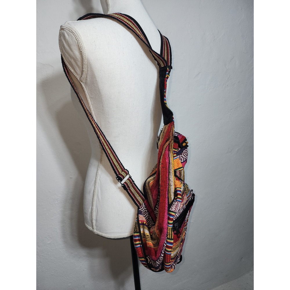 Nepal Woven Cotton‎ Sling Backpack Unisex OS Multi-Color Boho Striped Bag - Picture 3 of 13